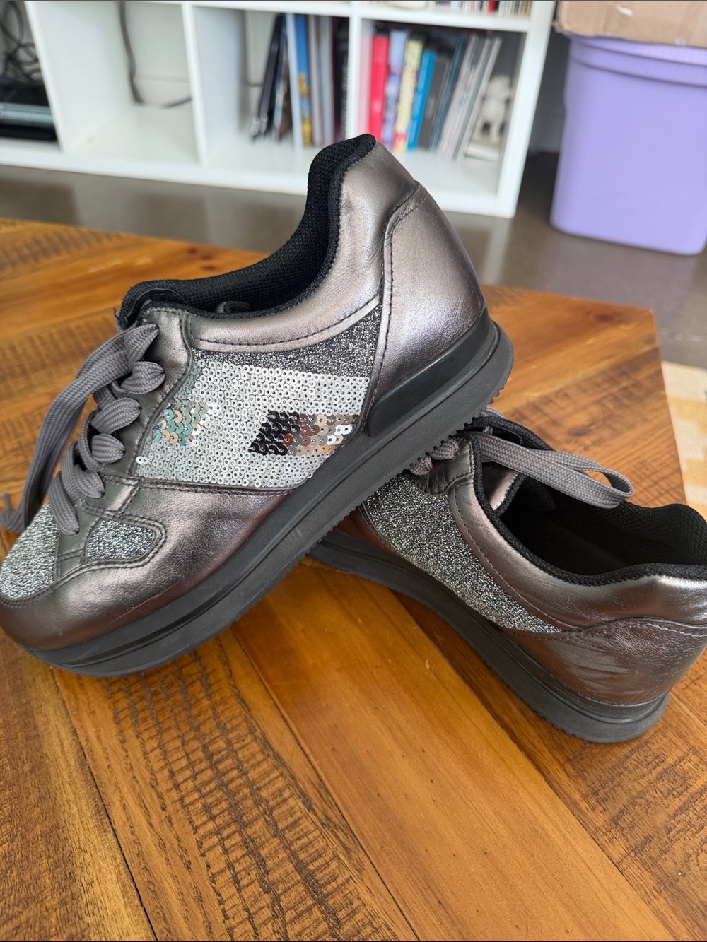Hogan Gunmetal Gray Sequin Lace-Up Sneakers